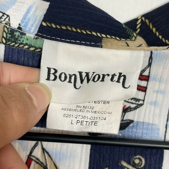Vintage Bon Worth Womens Size Petite L Nautical Button Shirt Boats Lighthouse - Picture 7 of 8